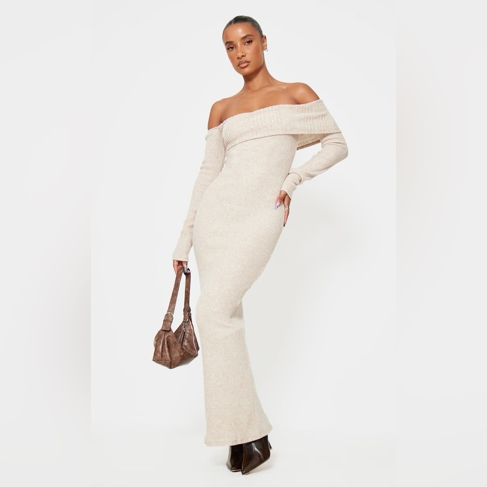 PrettyLittleThing off shoulder knit Maxi sweater dress beige cream size 20 - Picture 3 of 4